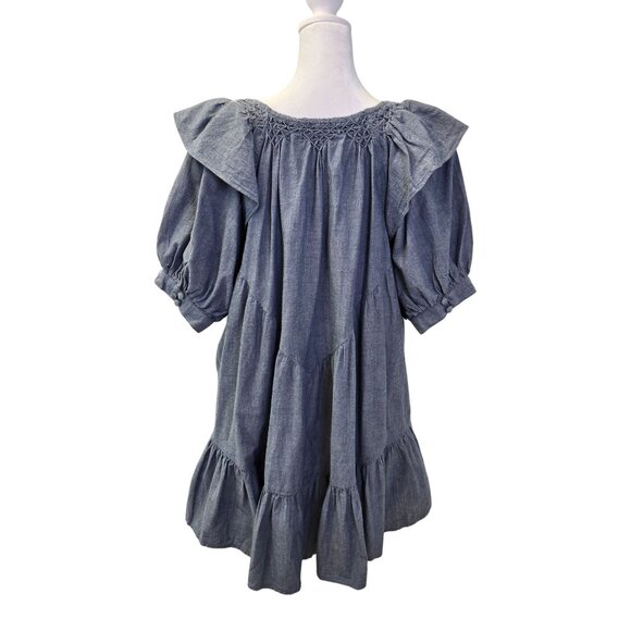 Free People Amelie Chambray Ruffle Hem Puff Sleeve Mini Dress Size Small - Picture 2 of 8
